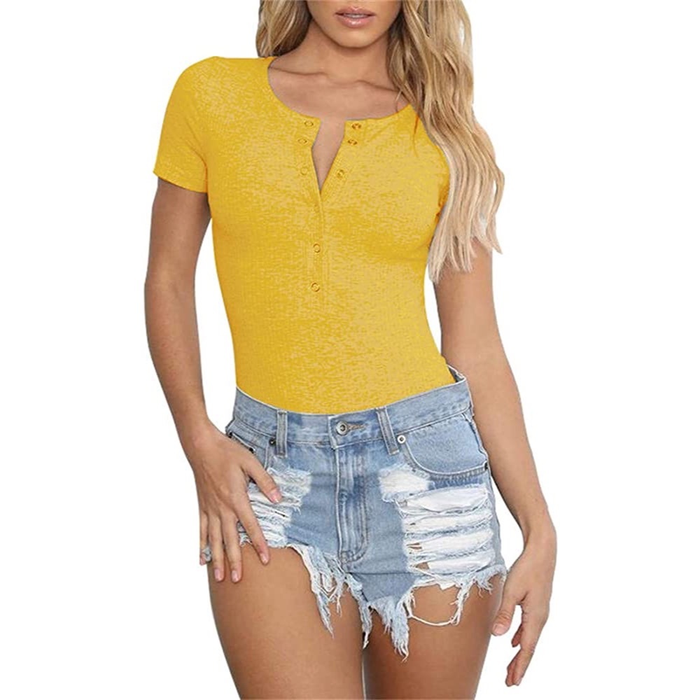 GEMBERA Women Short Sleeve Henley Button Bodysuit